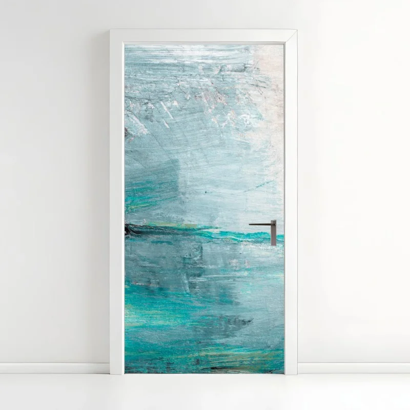 Pegatina para puerta paisaje abstracto en tonos turquesa y plateados