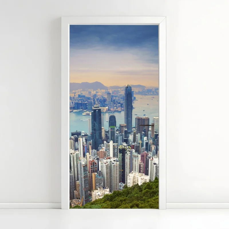 Pegatina para puerta panorámica de Hong Kong al atardecer