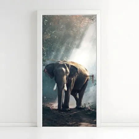 Pegatina para puerta elefante entre rayos de luz en el bosque – Pixers®