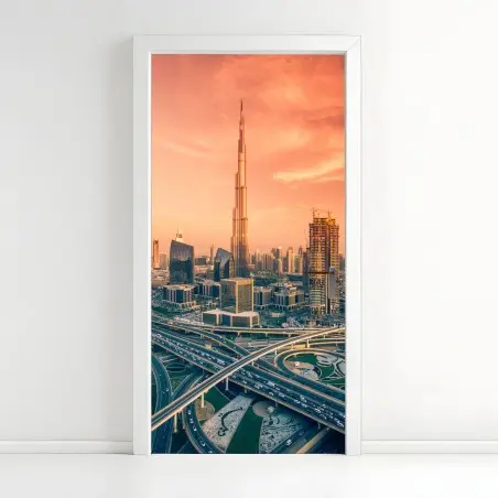 Pegatina para puerta horizonte de Dubai al atardecer – Pixers®