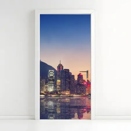 Pegatina para puerta atardecer en Hong Kong: horizonte iluminado – Pixers®