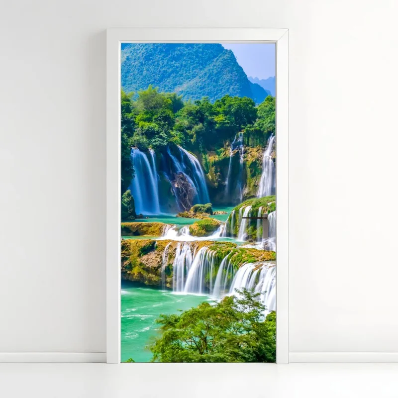 Pegatina para puerta oasis de cascadas en tonos esmeralda