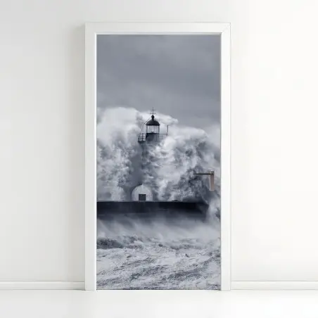 Pegatina para puerta faro en la boca del Duero rodeado de olas – Pixers®