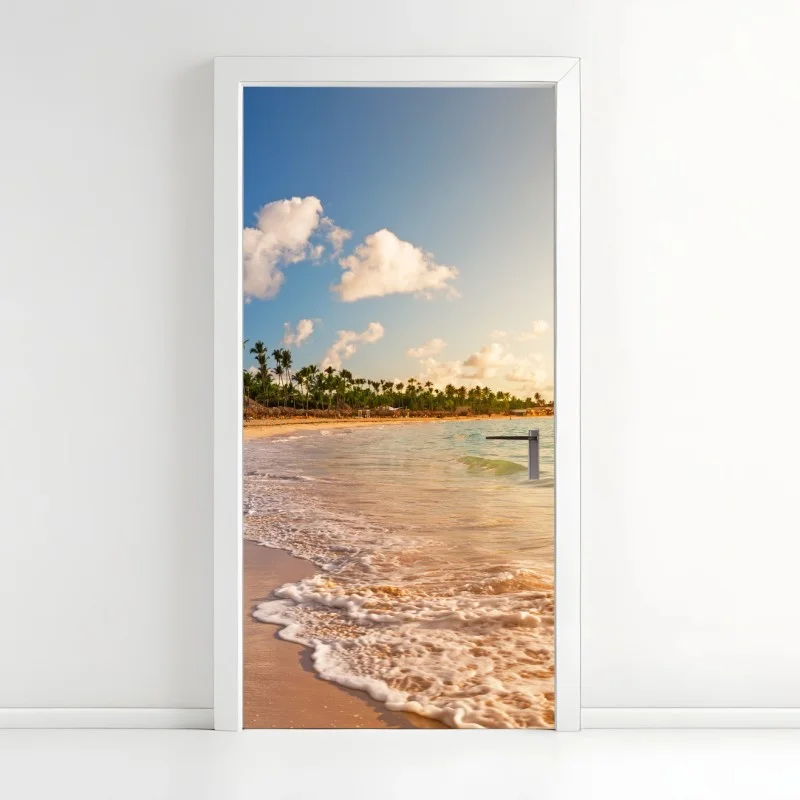 Pegatina para puerta puesta de sol tropical con palmeras