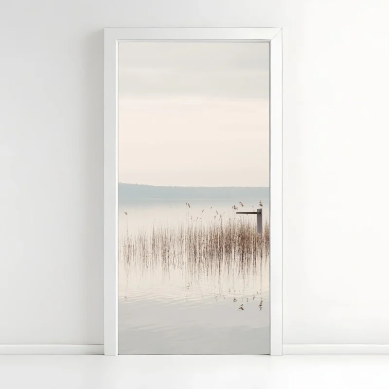Pegatina para puerta paisaje lacustre minimalista con juncos