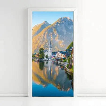 Pegatina para puerta amanecer en Hallstatt: tranquila vista al lago – Pixers®