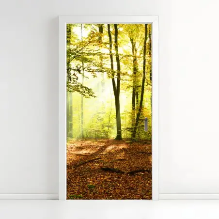 Pegatina para puerta amanecer otoñal en el bosque dorado – Pixers®