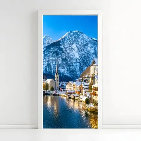 Pegatina para puerta paisaje invernal de Hallstatt junto al lago – Pixers®