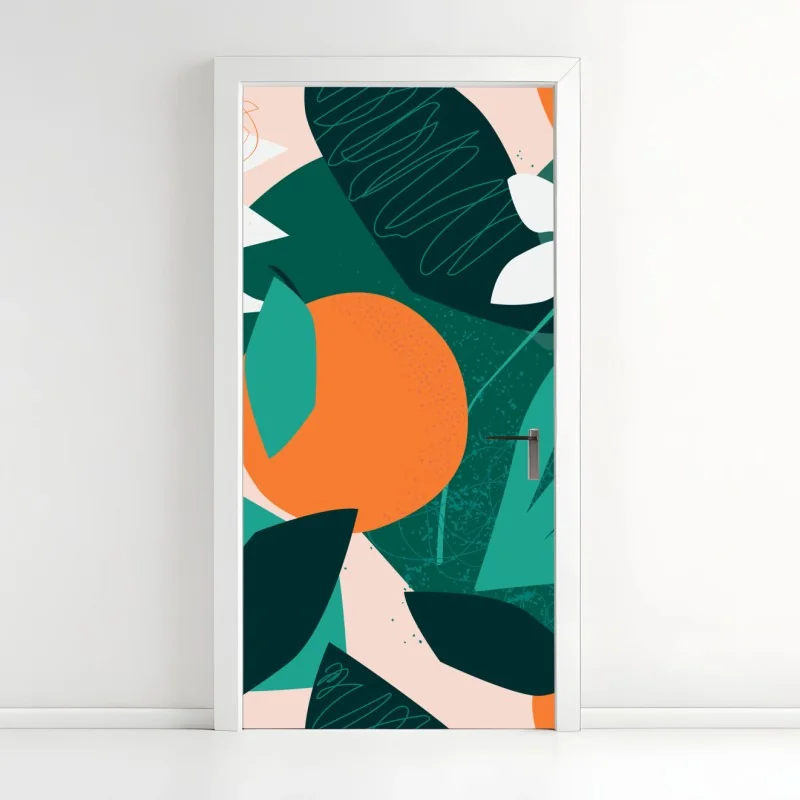 Pegatina para puerta arte mural tropical con naranjas y flores
