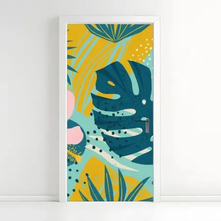 Pegatina para puerta diseño tropical moderno con hojas de monstera y hibisco – Pixers®