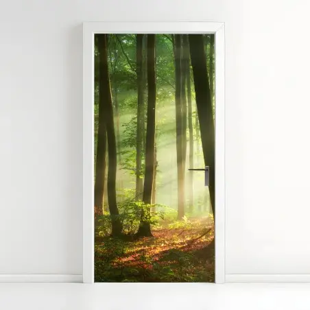 Pegatina para puerta bosque al amanecer con luz dorada – Pixers®