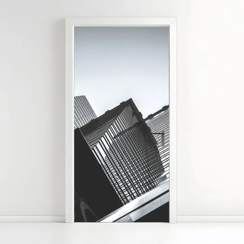 Pegatina para puerta perspectiva urbana de Hong Kong en blanco y negro