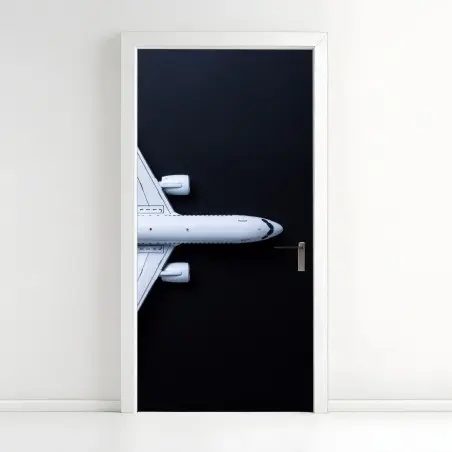 Pegatina para puerta silueta aérea minimalista de avión blanco sobre fondo negro – Pixers®