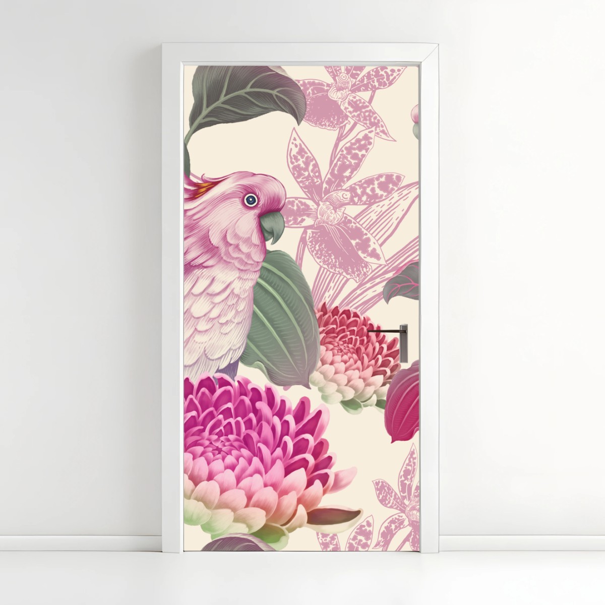 Pegatina para puerta cacatúas y flores tropicales en tonos pastel – Pixers®