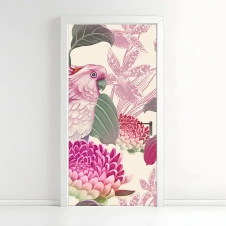 Pegatina para puerta cacatúas y flores tropicales en tonos pastel – Pixers®