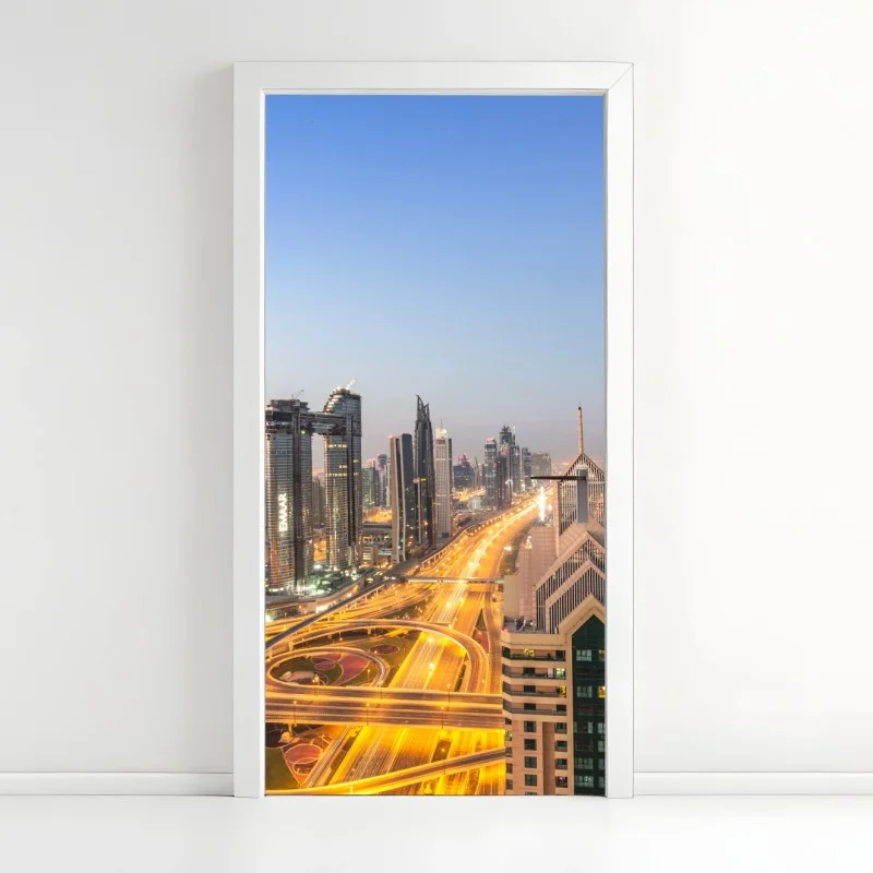 Pegatina para puerta amanecer en Dubai: horizonte de rascacielos