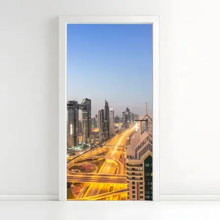 Pegatina para puerta amanecer en Dubai: horizonte de rascacielos – Pixers®