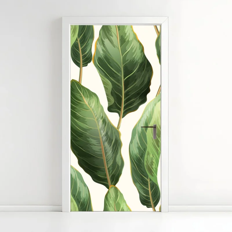 Pegatina para puerta fondo de hojas tropicales en tonos verdes