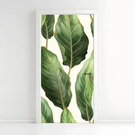 Pegatina para puerta fondo de hojas tropicales en tonos verdes – Pixers®