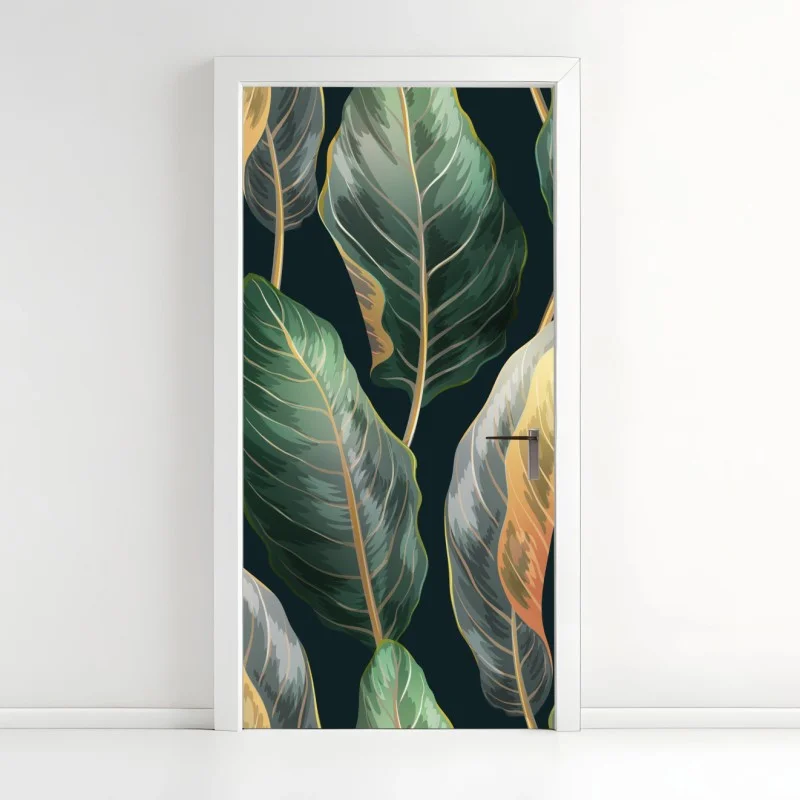 Pegatina para puerta diseño tropical de hojas exóticas sobre fondo oscuro