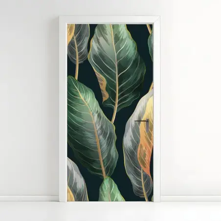 Pegatina para puerta diseño tropical de hojas exóticas sobre fondo oscuro – Pixers®