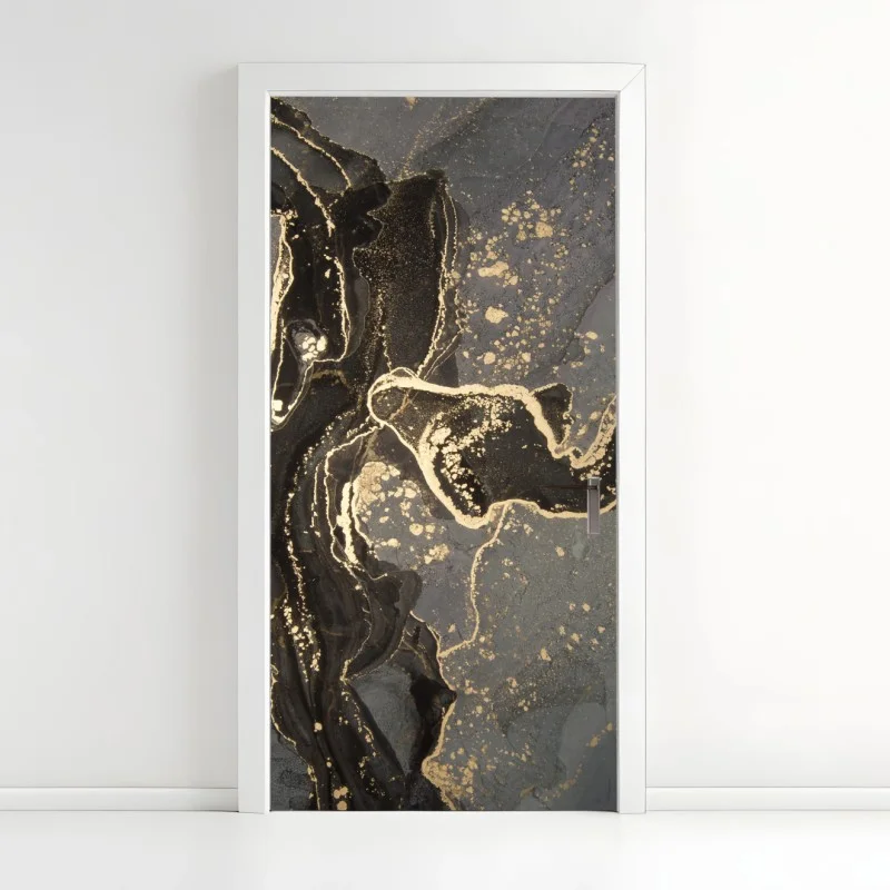 Pegatina para puerta mármol abstracto en dorado y negro