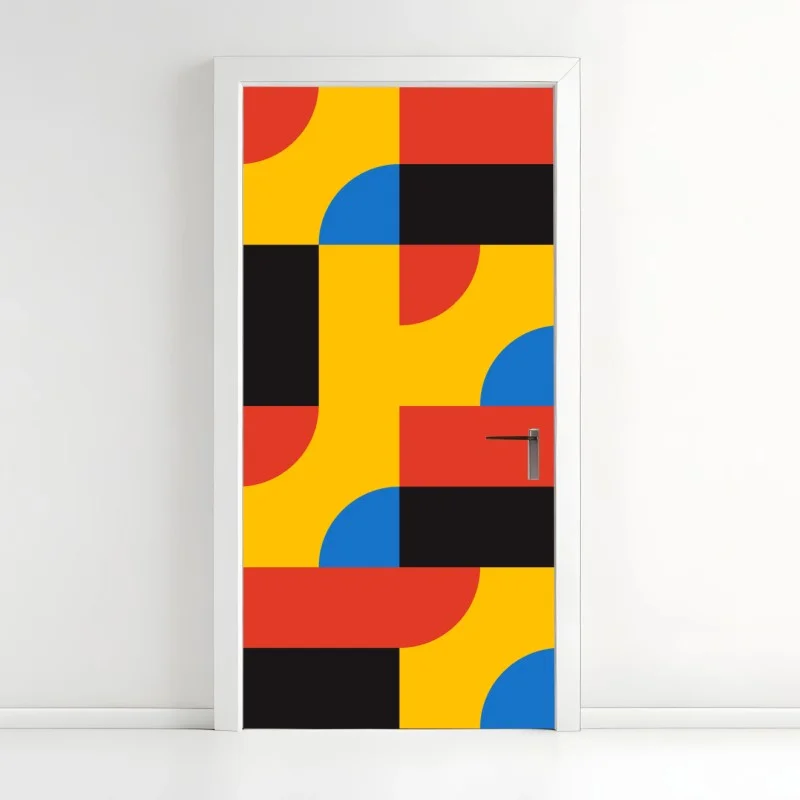 Pegatina para puerta patrón geométrico retro en colores primarios