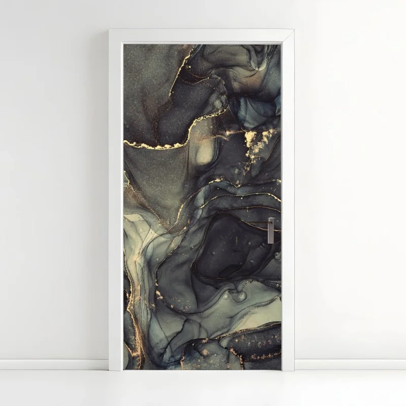Pegatina para puerta arte abstracto líquido en tonos gris y dorado
