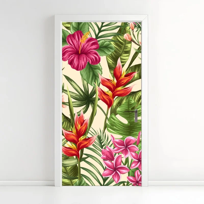 Pegatina para puerta diseño tropical con plumerias e hibiscos