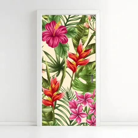 Pegatina para puerta diseño tropical con plumerias e hibiscos – Pixers®