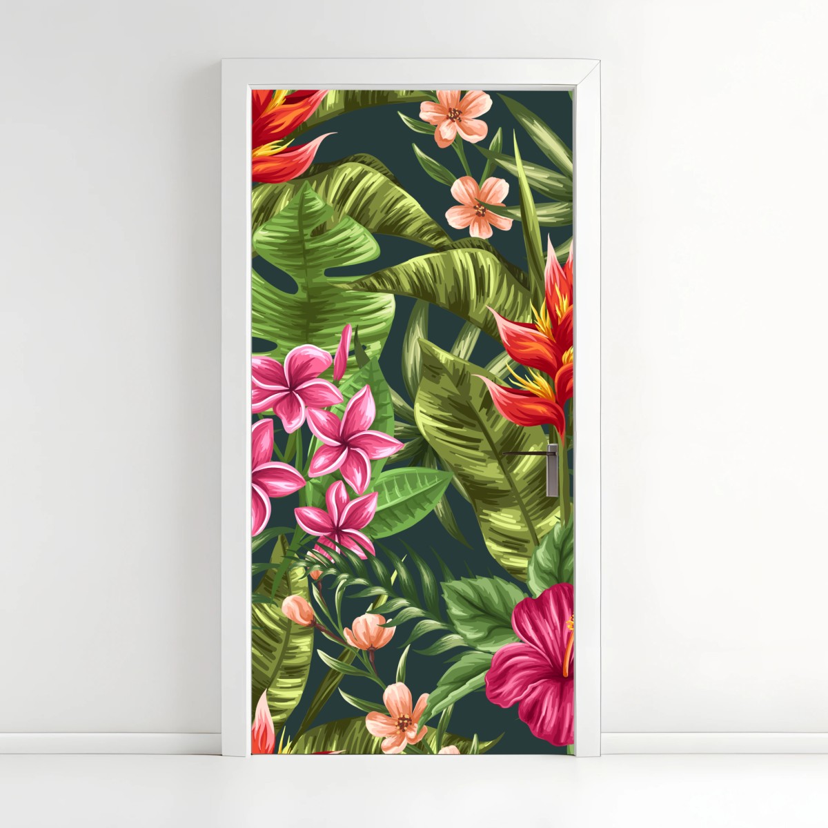 Pegatina para puerta diseño floral tropical con hibisco y plumeria – Pixers®