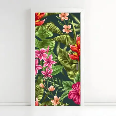 Pegatina para puerta diseño floral tropical con hibisco y plumeria – Pixers®