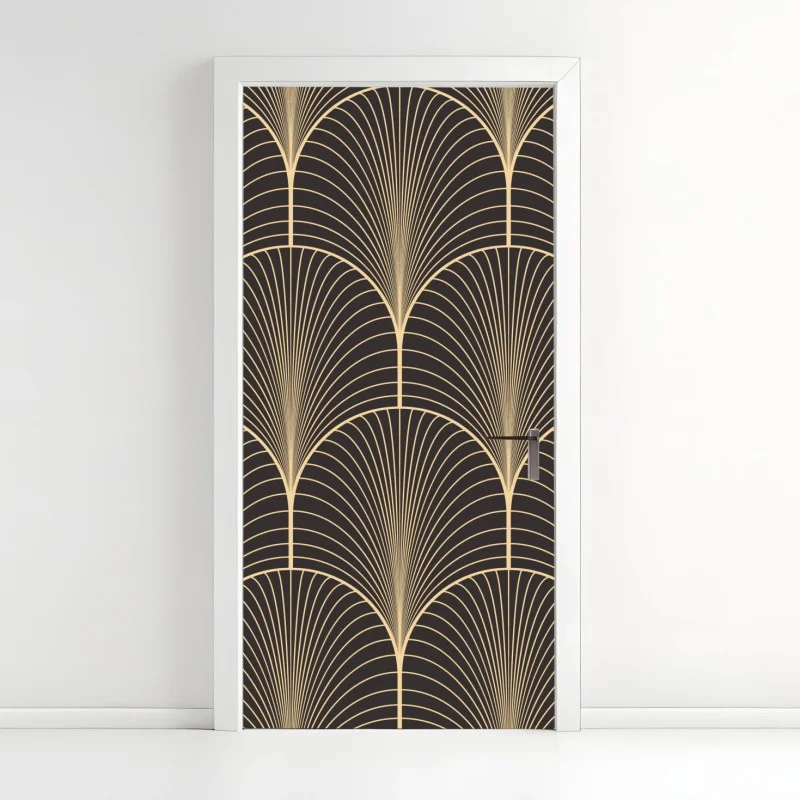 Pegatina para puerta patrón art déco dorado sobre fondo negro