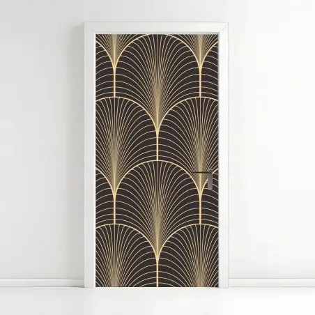 Pegatina para puerta patrón art déco dorado sobre fondo negro – Pixers®