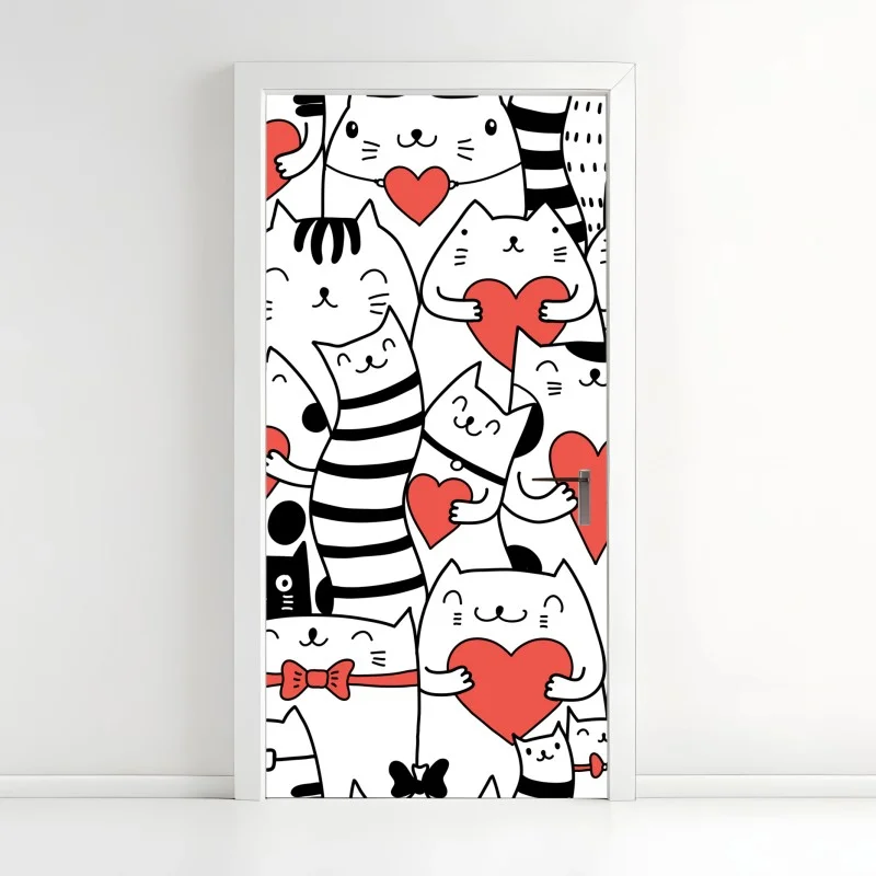 Pegatina para puerta patrón de gatos con corazones
