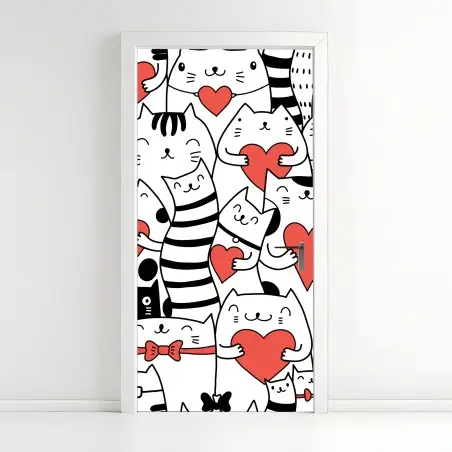 Pegatina para puerta patrón de gatos con corazones – Pixers®