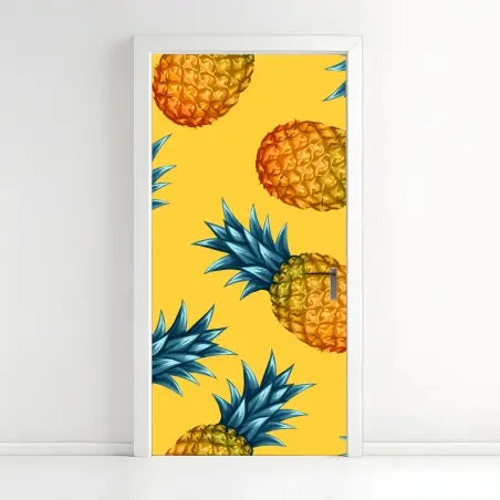 Pegatina para puerta diseño tropical de piñas sobre fondo amarillo – Pixers®