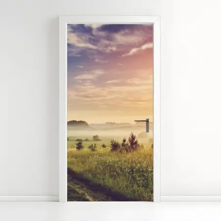 Pegatina para puerta amanecer brumoso en la pradera dorada – Pixers®