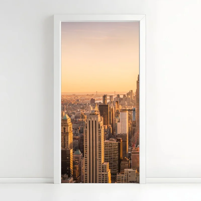 Pegatina para puerta amanecer dorado sobre el perfil urbano de Nueva York