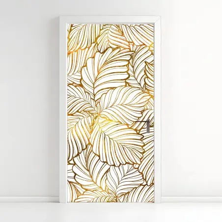 Pegatina para puerta motivo de hojas doradas sobre fondo blanco – Pixers®