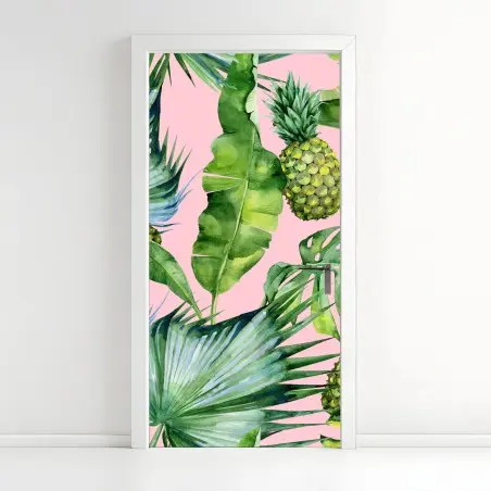 Pegatina para puerta diseño tropical acuarelado de piñas y hojas verdes – Pixers®