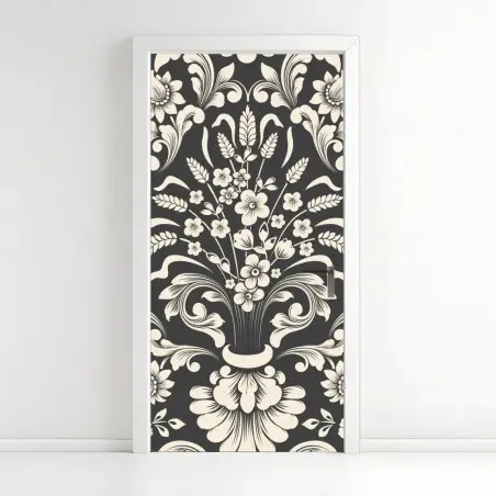Pegatina para puerta motivo damasco floral en tonos crema y gris oscuro – Pixers®