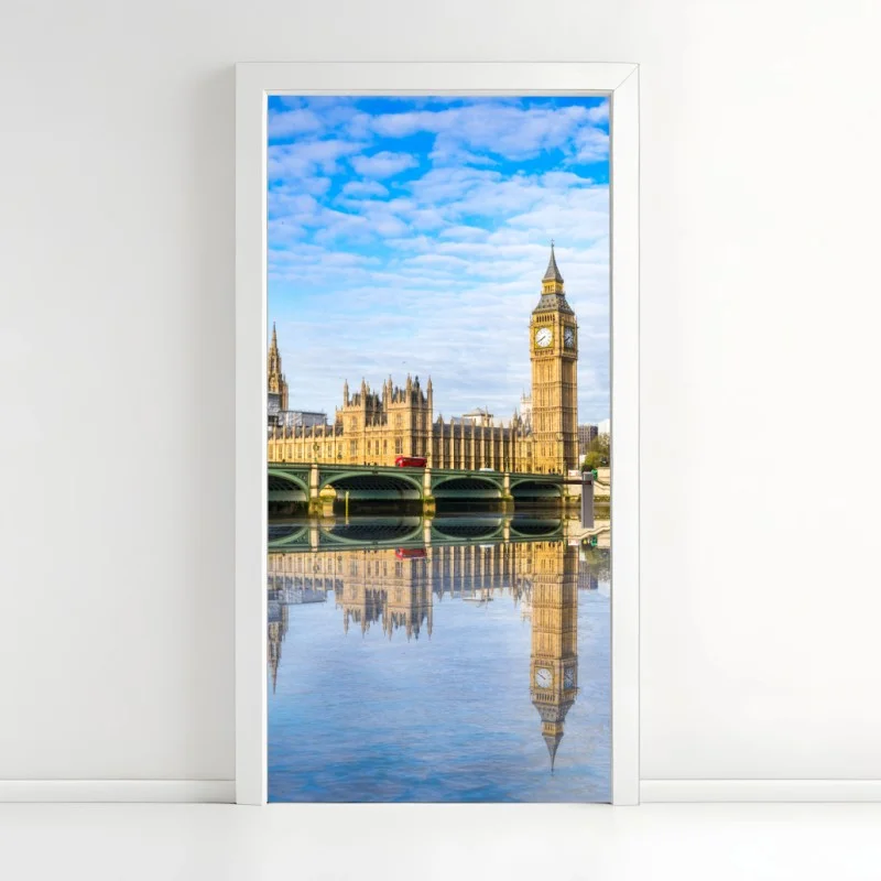 Pegatina para puerta paisaje de Londres con el Big Ben reflejado