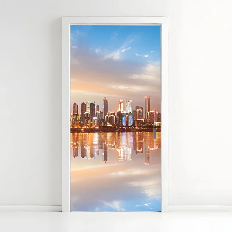 Pegatina para puerta horizonte urbano reflejado al atardecer