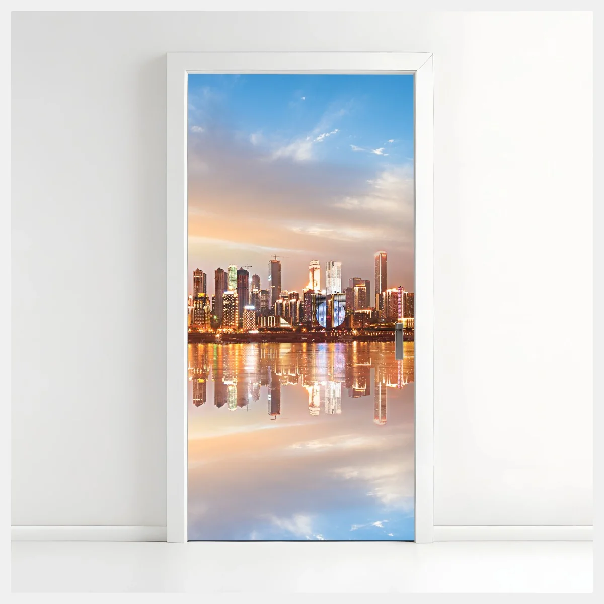 Pegatina para puerta horizonte urbano reflejado al atardecer – Pixers® Pegatina para puerta horizonte urbano reflejado al atardecer – Pixers®