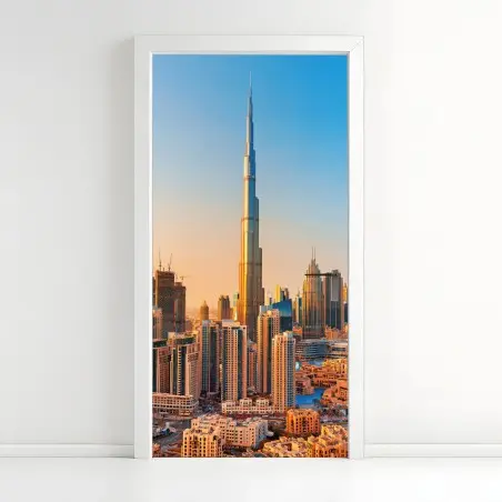 Pegatina para puerta amanecer sobre Dubai: horizonte icónico con Burj Khalifa – Pixers®