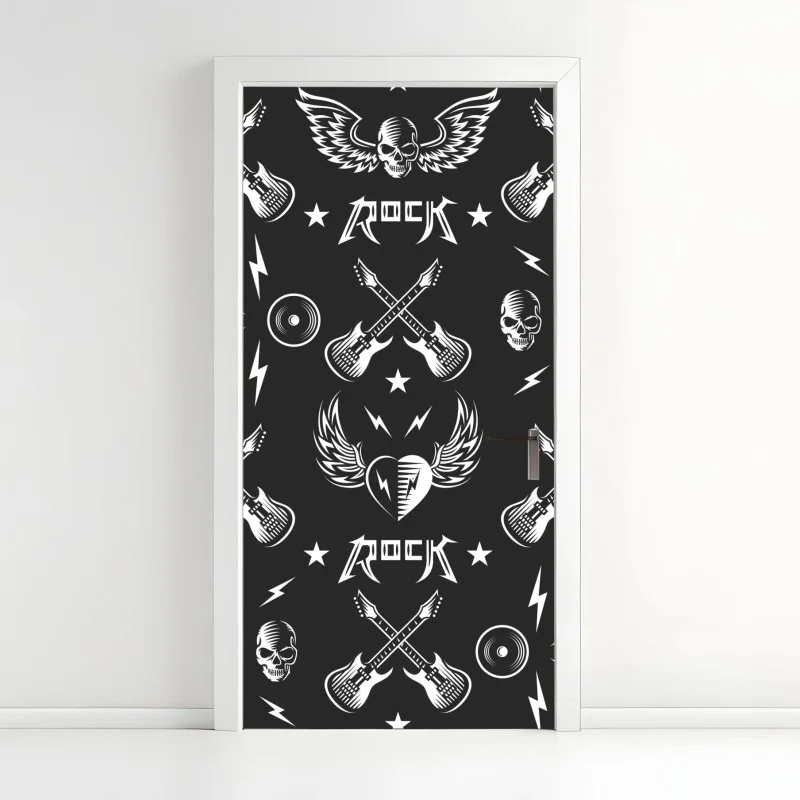 Pegatina para puerta diseño rock en blanco y negro con guitarras y calaveras
