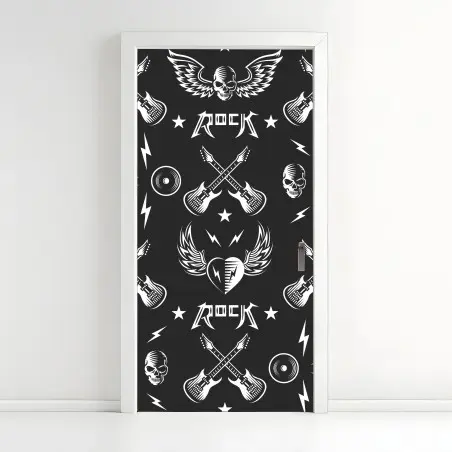 Pegatina para puerta diseño rock en blanco y negro con guitarras y calaveras – Pixers®