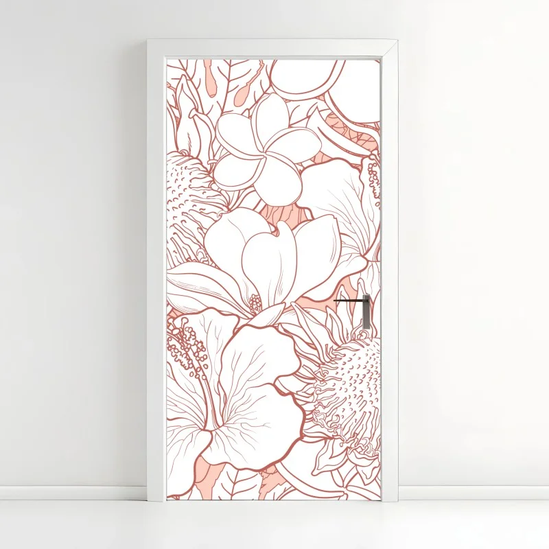 Pegatina para puerta patrón floral tropical en coral y blanco