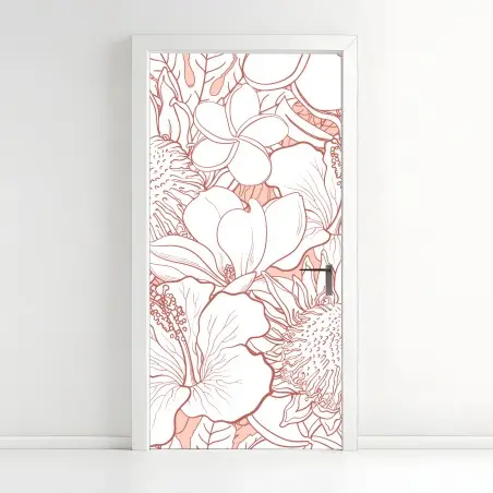 Pegatina para puerta patrón floral tropical en coral y blanco – Pixers®